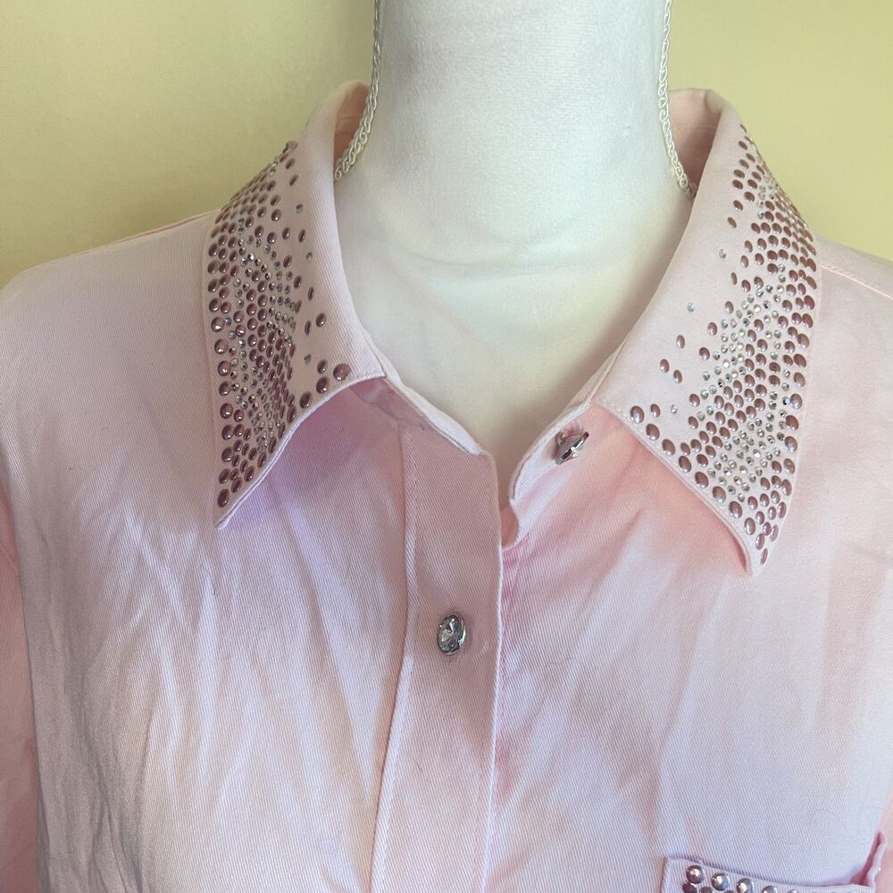 Quaker Factory Y2K Pink Western Bling Button Up Shirt XL Barbie Glam Cowgirl - Picture 10 of 16